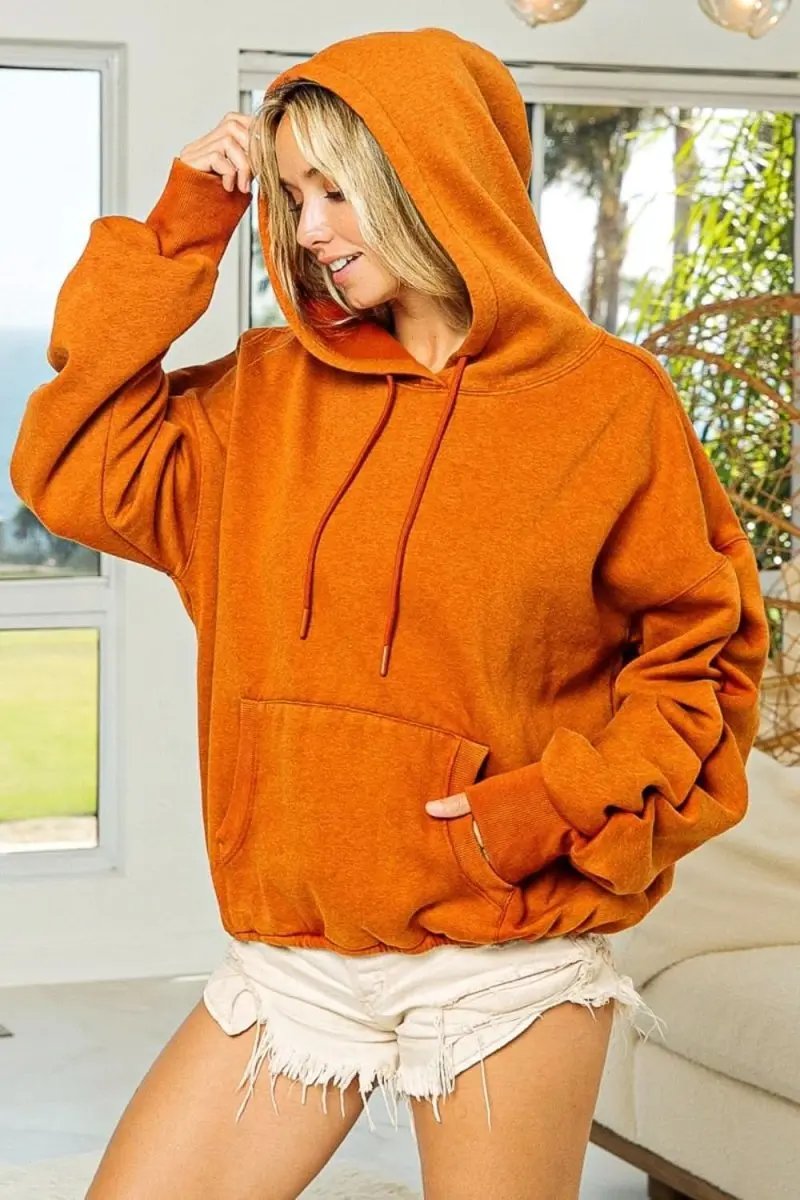 BiBi Ruched Long Sleeve Washed Fleece Hoodie - Love Salve